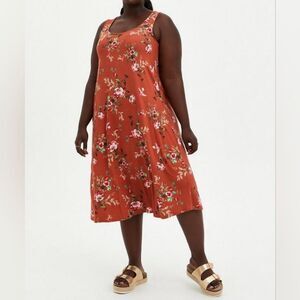 Torrid Burnt Orange Floral Super Soft Midi Dress Womens Plus Size 0X Sleeveless